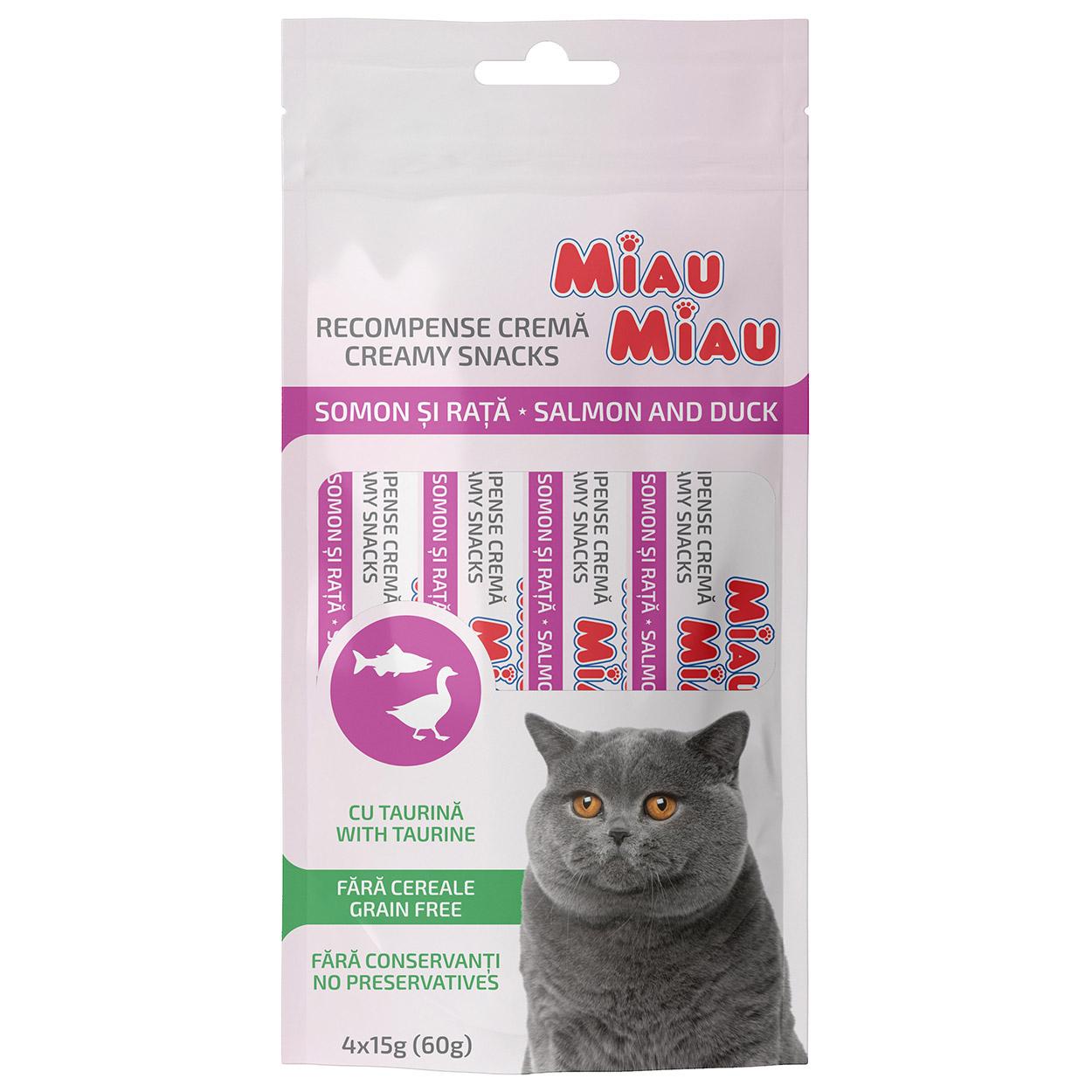 MIAU MIAU KREMASTA POSLASTICA ZA MAČKE PAČETINA I LOSOS  4*15GR