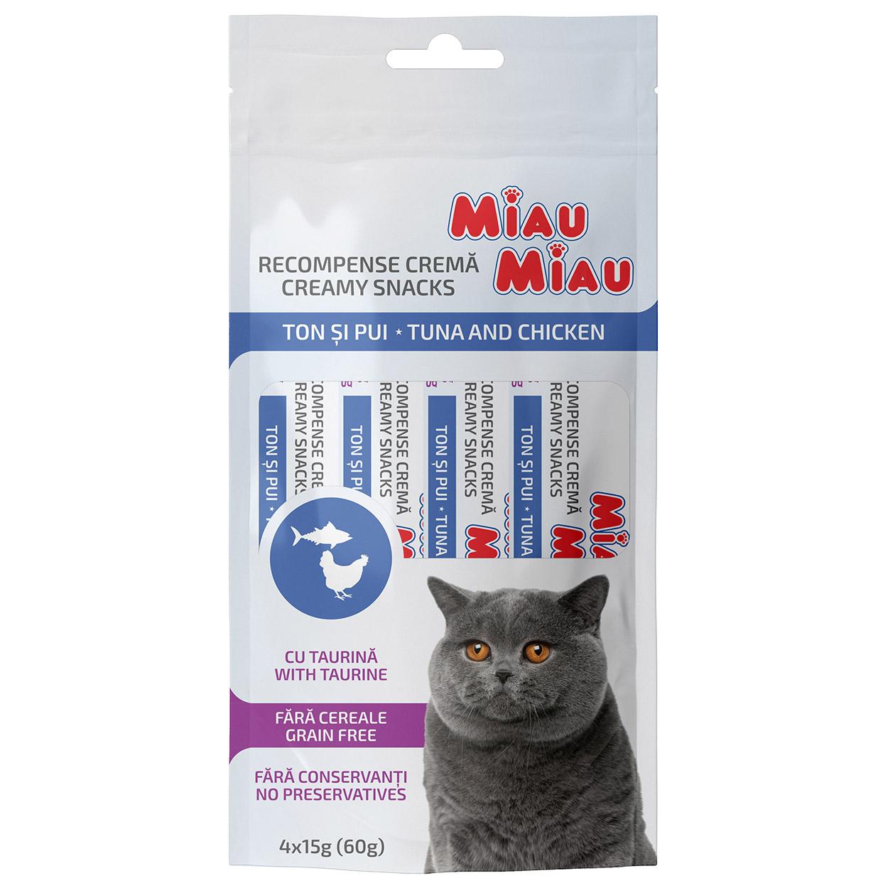 MIAU MIAU KREMASTA POSLASTICA ZA MAČKE PILETINA I TUNA 4*15GR